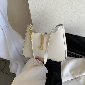 Chic cream white hobo underarm bag with gold metal buckle and chain strap for women