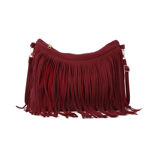 Stylish burgundy fringe crossbody bag with suede finish and long tassels in a frontal view
