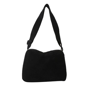 Fashionable black corduroy rectangular crossbody shoulder bag with adjustable strap