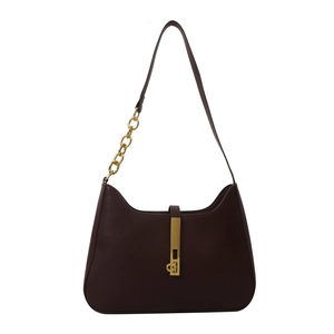 Classic dark brown PU leather underarm bag with elegant gold chain and metal lock buckle