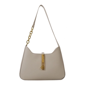 Minimalist beige PU leather underarm bag with gold chain and piston buckle closure
