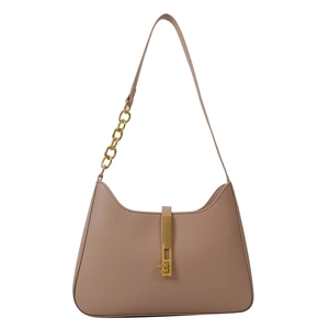 Minimalist beige underarm bag with gold chain strap and metallic lock buckle design