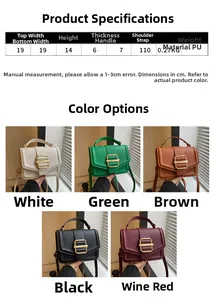 Size chart showing handbag dimensions 19x14x6cm and multiple available colors