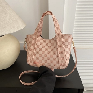 Pink vintage monogram tote bag with brown checkered print and detachable shoulder strap