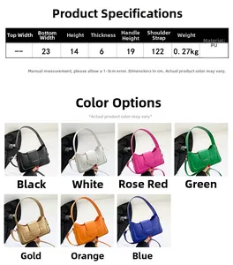 Detailed size chart and multi-color display of the rectangular PU handbag with dimensions