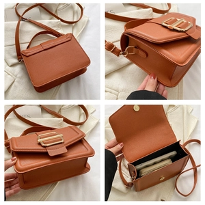 Detailed views of an orange leather crossbody bag showing clasp and interior storage
