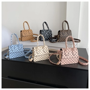 Detailed collection of mini PU crossbody bags in six assorted colors with retro prints