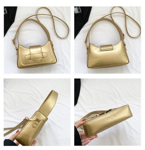 Detailed four-angle views showing gold metallic faux leather texture and buckles of the bag