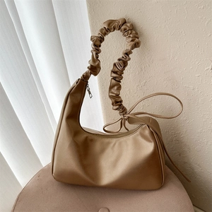 Women PU Leather Pleated Scrunchie Strap Hobo Bag Ruched Underarm Bag Half Moon Minimalist Solid Color Zipper