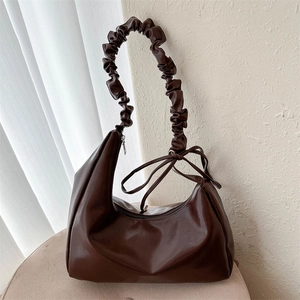 Minimalist deep brown faux leather hobo bag with trendy scrunchie shoulder strap