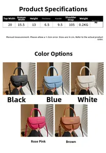 Detailed size specifications and five color variants for the semi-circular PU crossbody bag