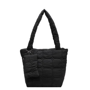 Black quilted tote bag set with mini pouch featuring cloud-stitch design and shoulder strap