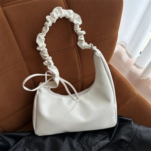 White minimalist Hobo bag with stylish scrunchie pleated strap and side drawstring knot