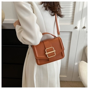 Detailed close-up of brown pebbled leather texture and gold square buckle on a bag