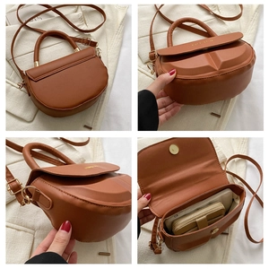 Detailed views of vintage brown saddle bag with textured base and internal storage
