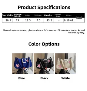 Size guide for canvas shoulder bag with star patches in blue, black, and white colors