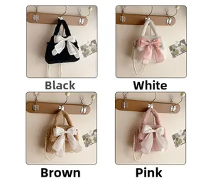 Sacs à main en peluche noir blanc marron et rose avec nœud en soie et chaîne perle
