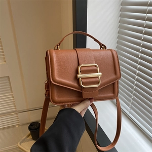 Brown lychee leather shoulder bag with vintage gold buckle and top handle minimalist style