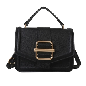 Classic black litchi pattern leather handbag with gold metal clasp for women