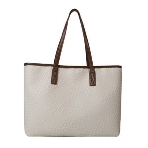 Minimalist off-white embossed leather tote bag with dark brown contrast handles for women