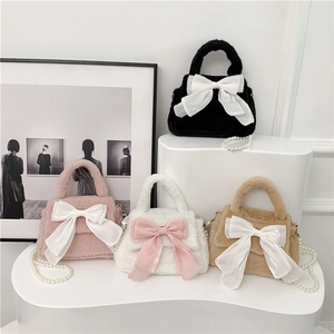 Sac À Main En Peluche Avec Chaîne En Künstliche Perles Artificielles Grand Nœud Décoration Sac À Bandoulière Fourrure Synthétique Douce Pour Femmes