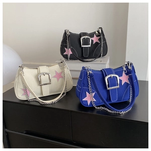Detailed star embroidery on canvas underarm bag with silver chain and metal buckle