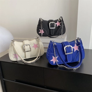 Borsa A Tracolla In Tela Y2K Borsa Sottobraccio Stella Rosa Fibbia Grande Catena In Metallo Cuciture A Contrasto Streetwear Donna