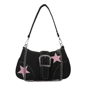 Borsa baguette in tela nera con ricamo a stella rosa e catena d'argento