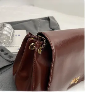 Detail of dark brown leather handbag featuring accordion pleats and gold chain lock