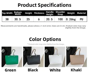 Detailed dimension chart and color guide for the quilted PU leather chain shoulder bag