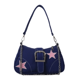 Navy blue Y2K canvas underarm bag featuring pink stars and bold contrast stitching