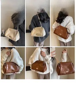 Collage of chic chain shoulder bags in beige and brown showing various carrying styles