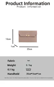Detailed size chart of a slim brown felt envelope clutch with crocodile texture and gold lock