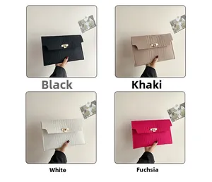 Crocodile pattern envelope clutch bag shown in black, khaki, white, and rose red colors