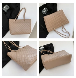 Detailed four-way views of khaki quilted tote bag with woven chain straps and sleek texture