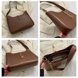 Detailed views of a brown faux leather shoulder bag with gold hardware and compartments