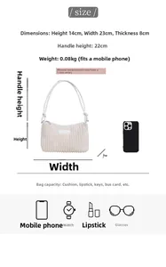 Detailed size specifications for white corduroy underarm bag showing 23x14x8cm dimensions
