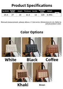 Detailed size chart and multi-color display of the minimalist PU leather handbag