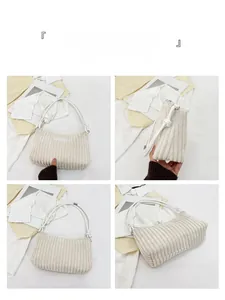 Detailed multi-angle views of a white corduroy shoulder bag showing fabric and structure