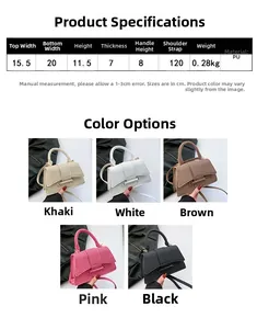 Detailed size specifications for woven PU handbag with multi-color options display
