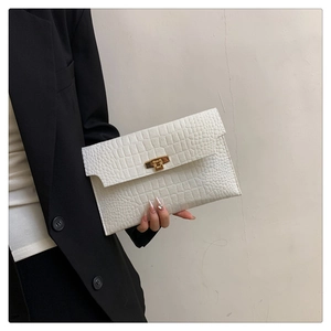 Minimalist white crocodile pattern envelope clutch bag with elegant gold metal buckle