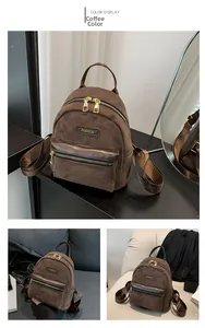 Detail view of brown corduroy mini backpack featuring fashion label and gold zippers