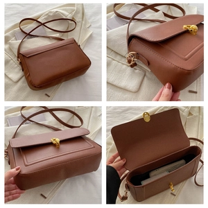 Vues détaillées du sac à bandoulière marron avec fermoir nœud doré et texture en cuir PU