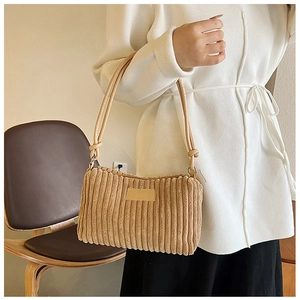 Caramel corduroy shoulder bag for women with minimalist rectangular design and zipper