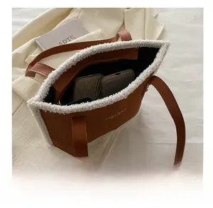 Top view of large capacity tote bag showing spacious interior and plush lamb wool trim