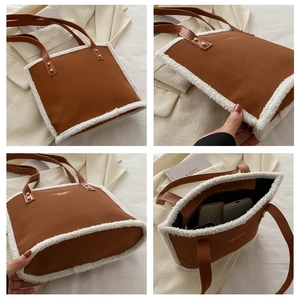 Detail view of brown plush tote bag showing interior capacity and fuzzy lamb wool edges