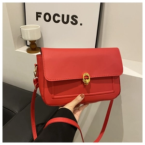 Détail du sac rectangulaire rouge avec boucle dorée et texture lisse de face