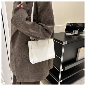 Close-up of minimalist white leather handbag with gold metal hardware on brown coat