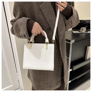 White leather crossbody bag with gold hardware shown on a brown herringbone blazer