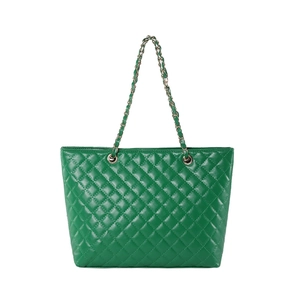 Dark green quilted tote bag with diamond stitching and gold chain link handles